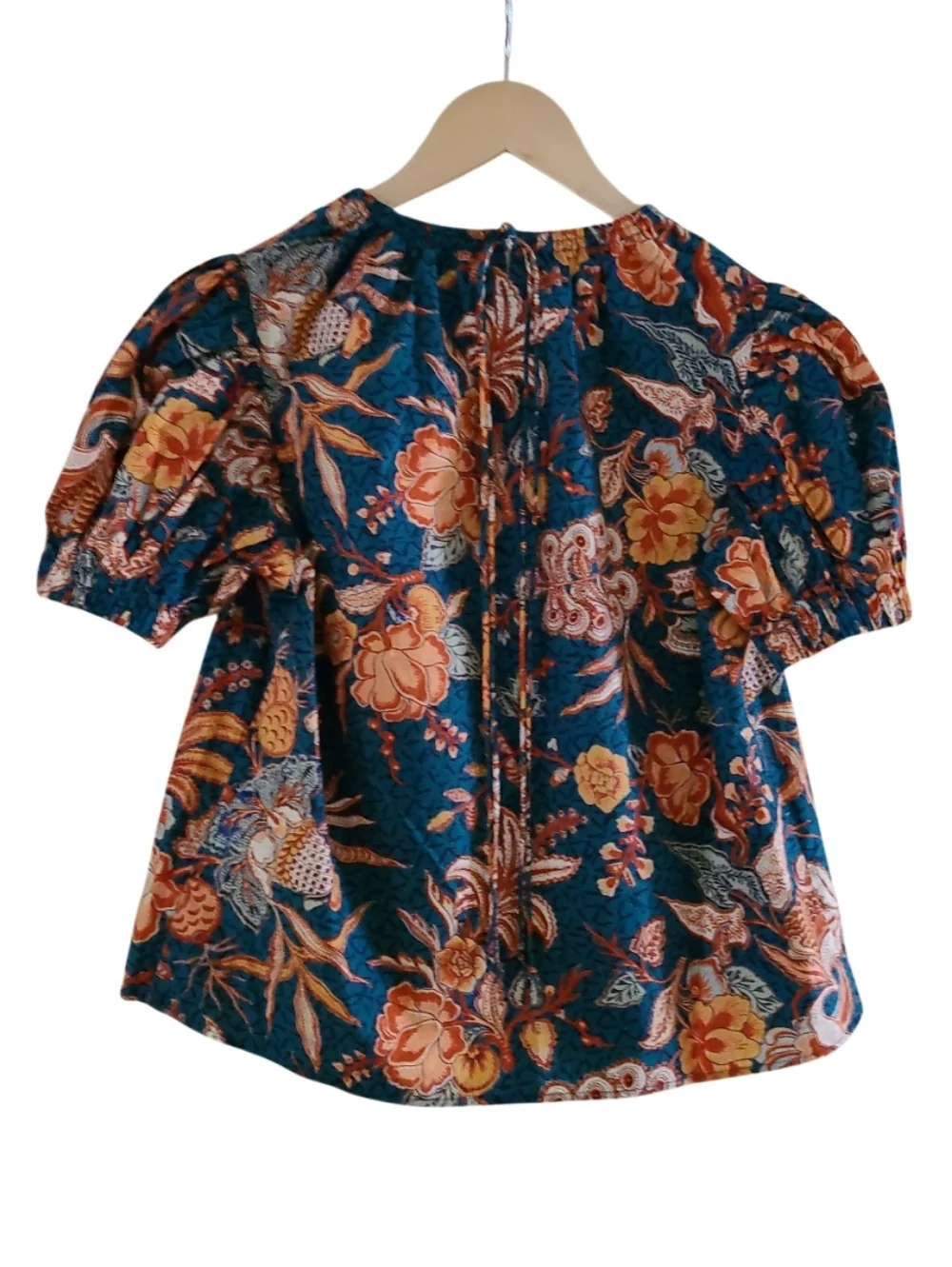 Ulla Johnson Frances Top Floral Puff-Sleeve 100% Cotton Blouse Deep Teal Orange